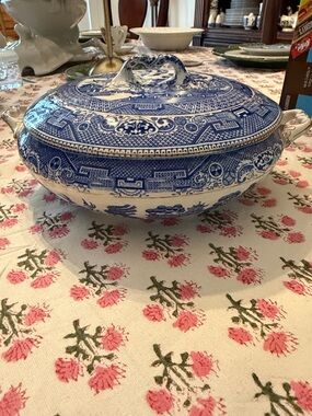 Blue Willow Ceramic Covered Soup Tureen with Scenic Transferware Pattern